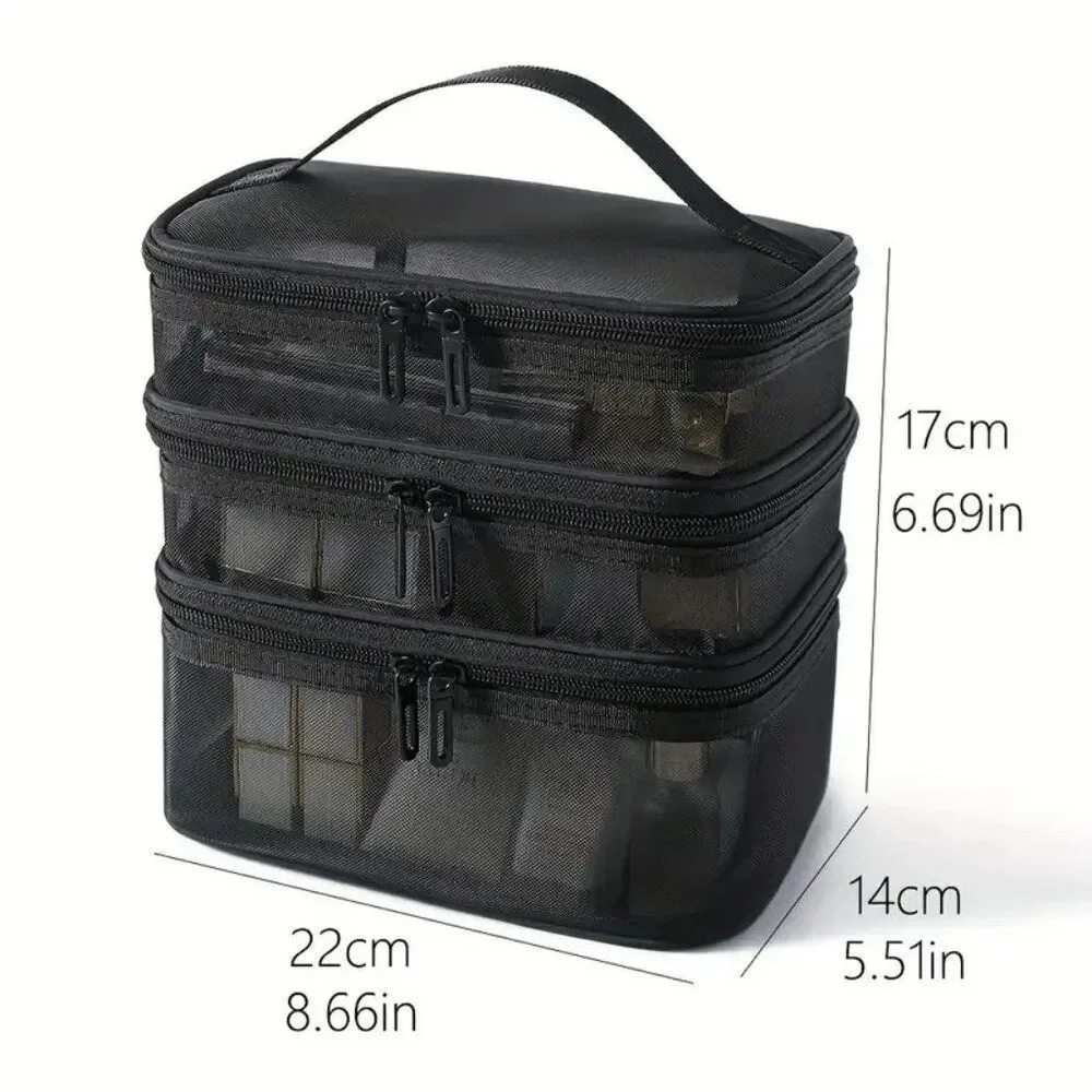 Chic Large Black Nylon Foldable Lightweight 3-Layer Mesh Cosmetic Bag